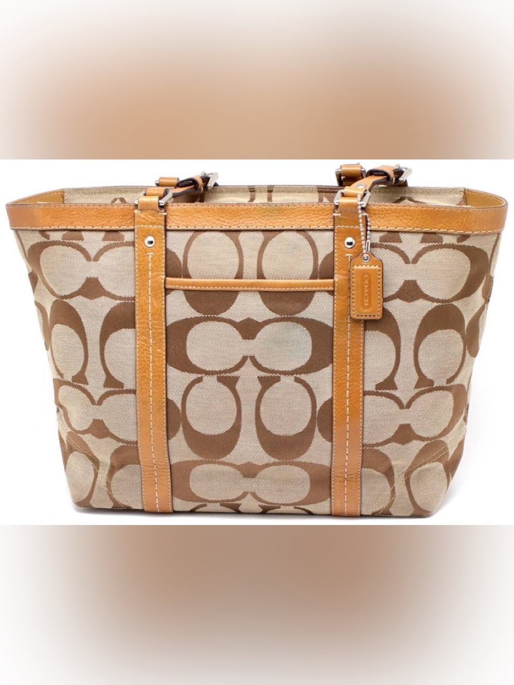 Coach Signature Jacquard khaki leather trim shoulder Vintage bag